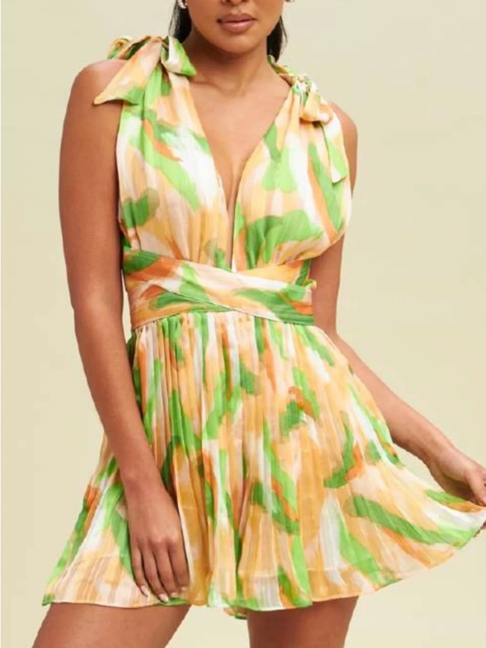 Luxxel Sleeveless V-Neck Pleated Romper in Green and Cream with Orange Accents